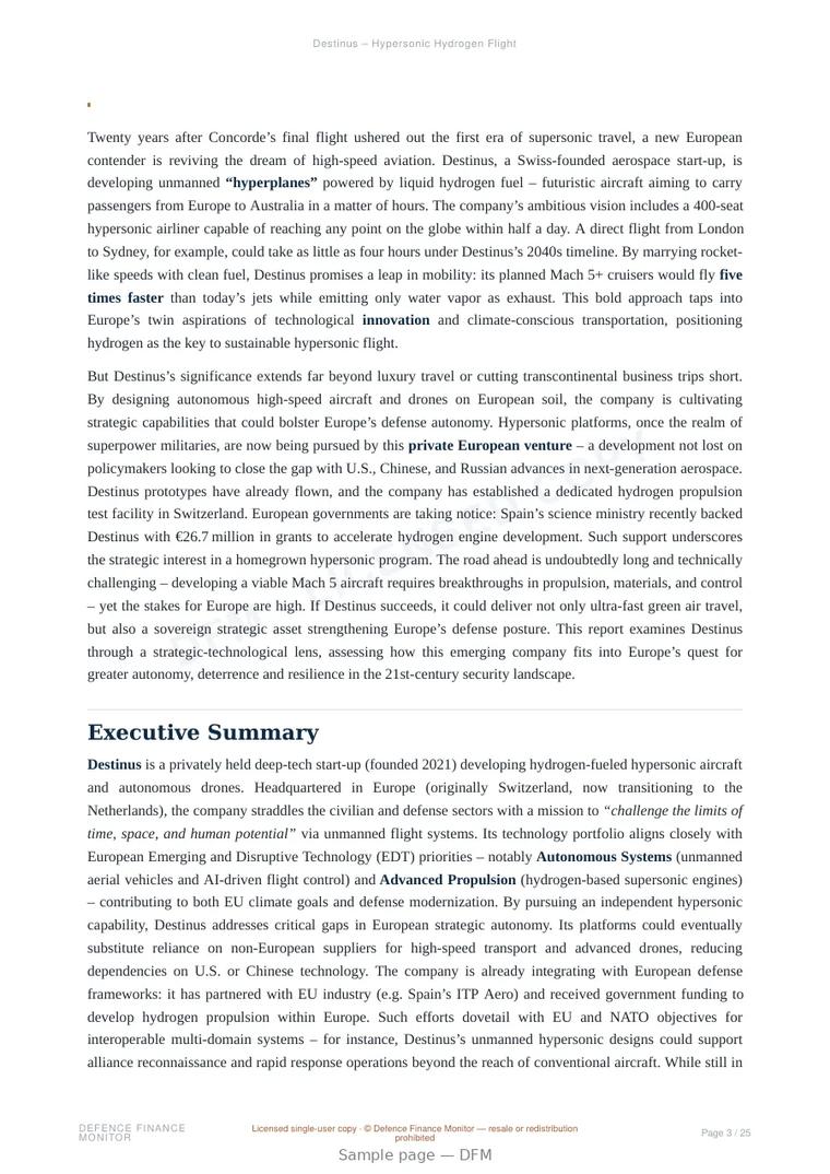 Sample page from “Destinus – Hypersonic Hydrogen Flight” — 26-page report
