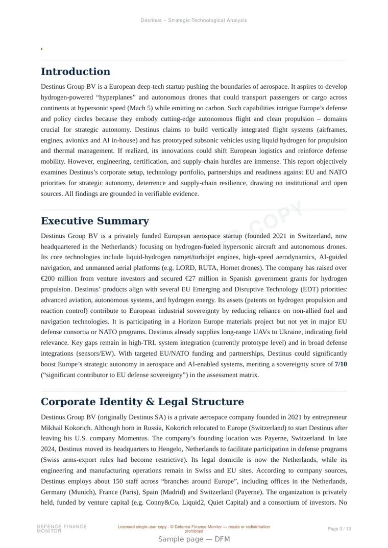 Sample page from “Destinus — Switzerland defence company” — 14-page report