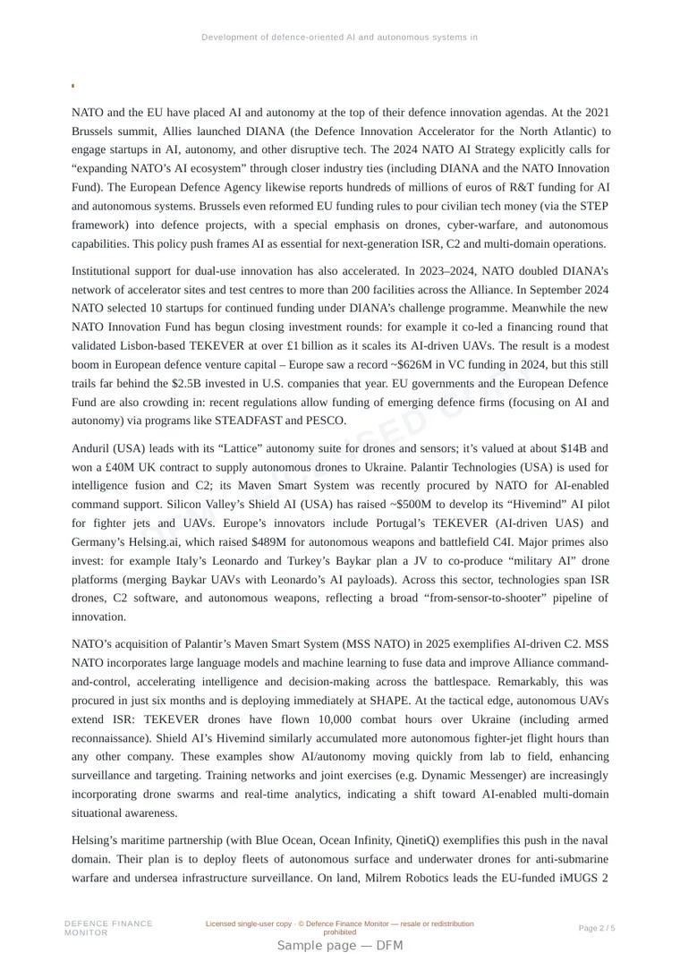 Sample page from “Development of defence-oriented AI and autonomous systems in NATO and EU” — 6-page report