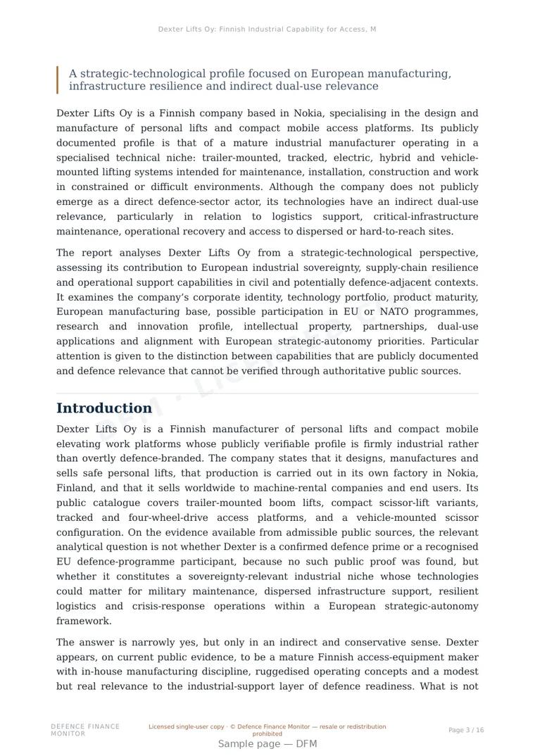 Sample page from “Dexter Lifts Oy: Finnish Industrial Capability for Access, Maintenance and Operational Support” — 17-page report