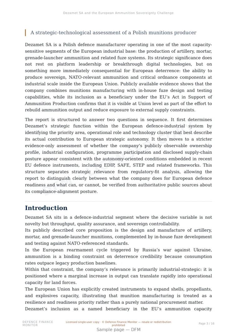 Sample page from “Dezamet SA and the European Ammunition Sovereignty Challenge” — 17-page report