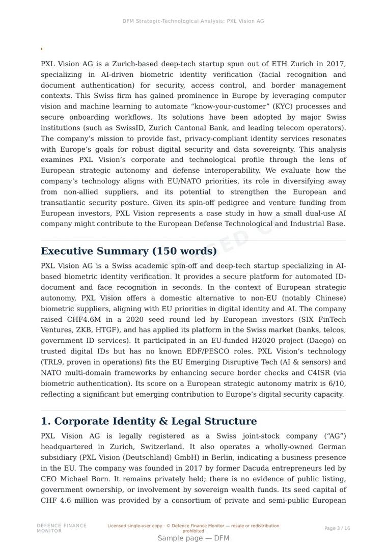Sample page from “PXL Vision AG — Switzerland computer vision company” — 17-page report