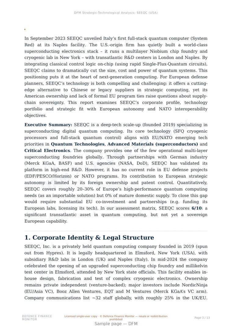 Sample page from “SEEQC — United States quantum company” — 14-page report