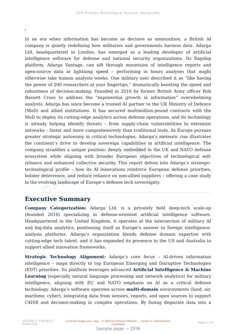 Sample page from “Adarga Ltd — United Kingdom defence company” — 38-page report