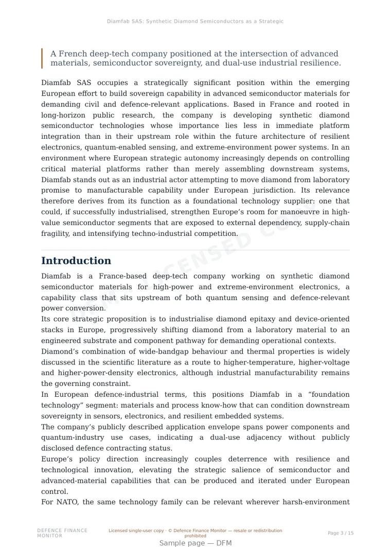 Sample page from “Diamfab SAS: Synthetic Diamond Semiconductors as a Strategic European Capability in Quantum-Enabled Sensing and Harsh-Environment Electronics” — 16-page report