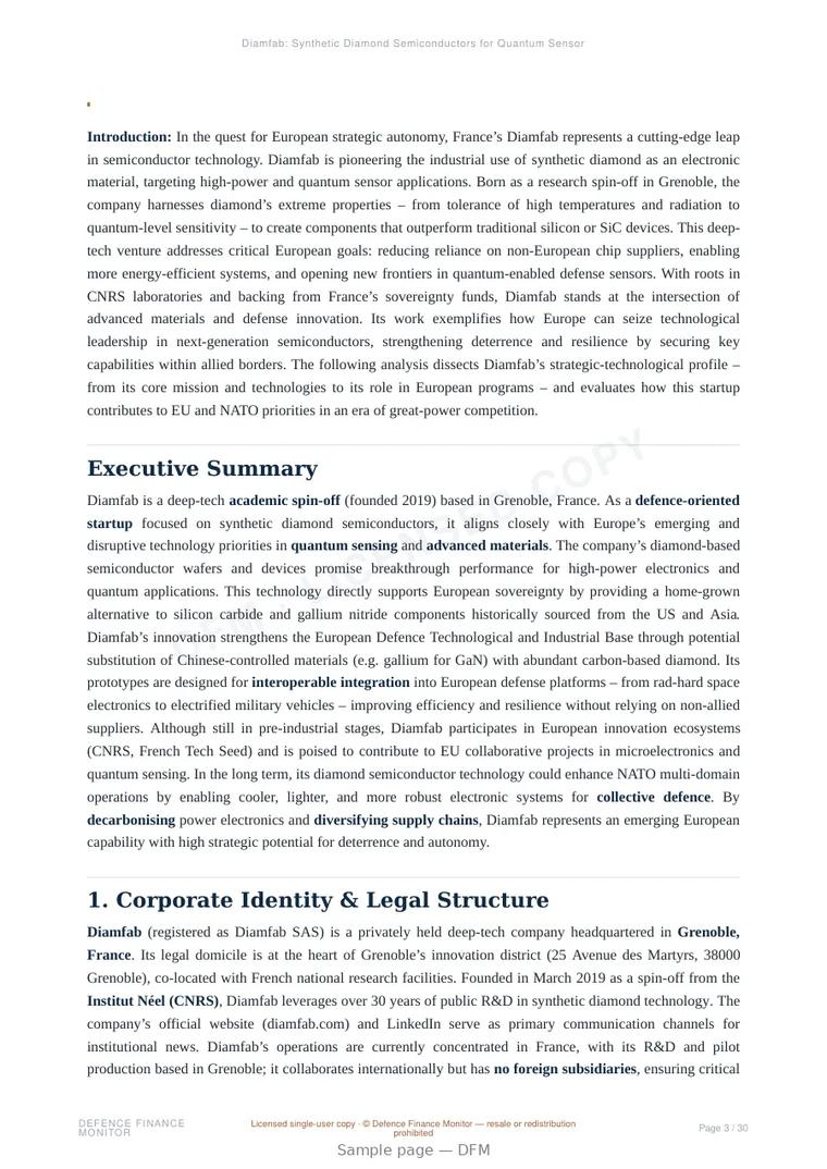 Sample page from “Diamfab: Synthetic Diamond Semiconductors for Quantum Sensors and High-Power Electronics in European Defence” — 31-page report