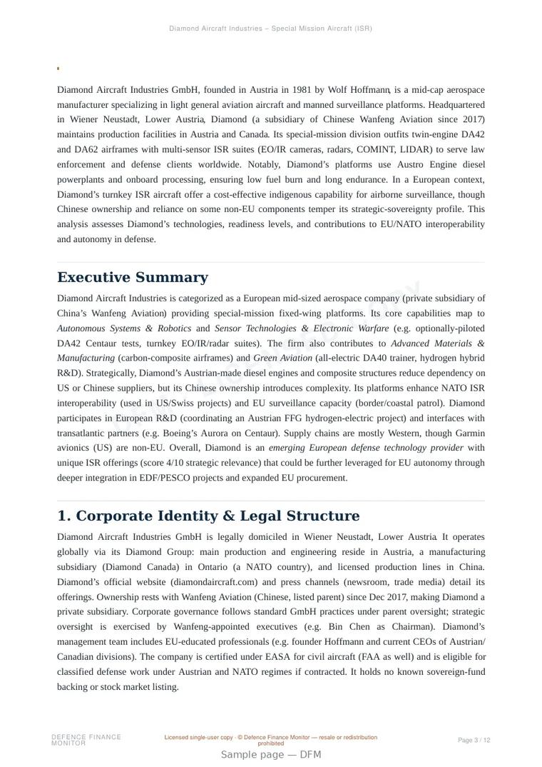 Sample page from “Diamond Aircraft Industries GmbH — Austria air platforms company” — 13-page report