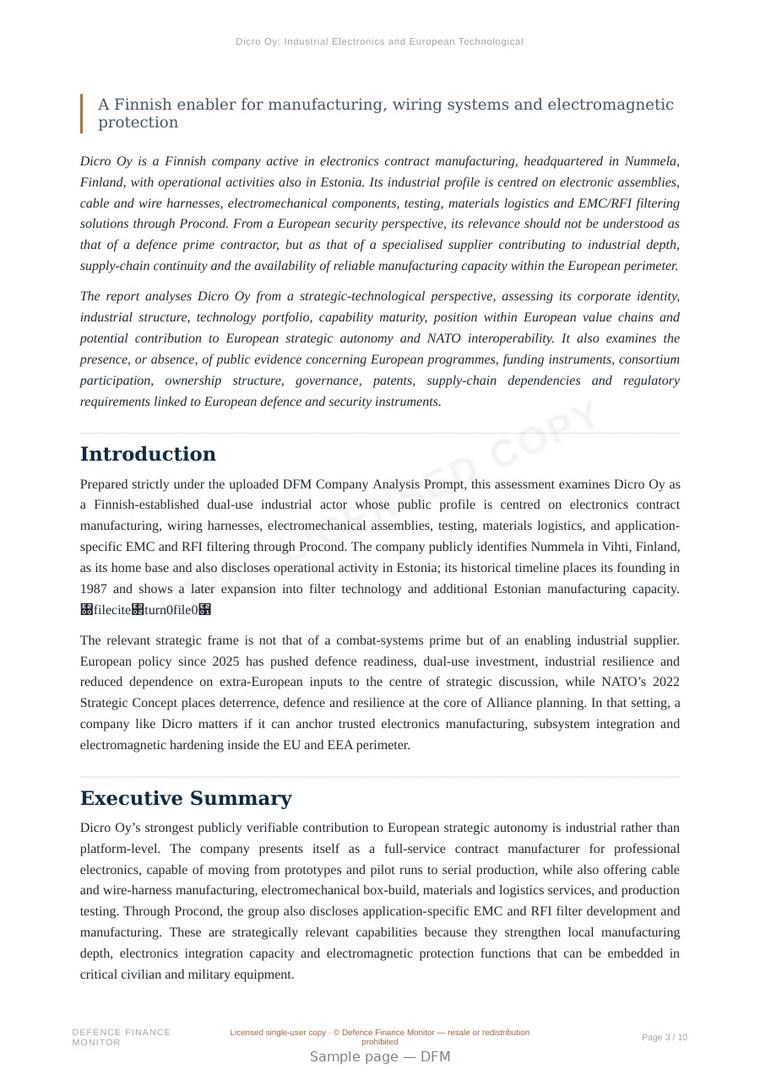 Sample page from “Dicro Oy: Industrial Electronics and European Technological Resilience” — 11-page report