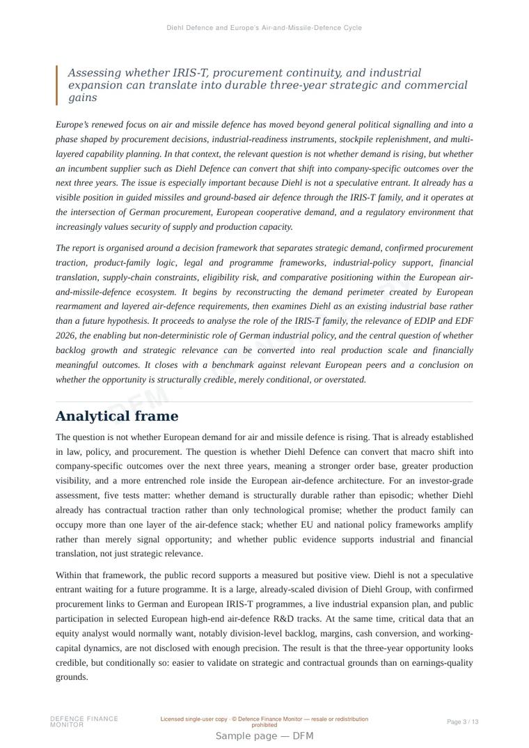 Sample page from “Diehl Defence and Europe’s Air-and-Missile-Defence Cycle” — 14-page report