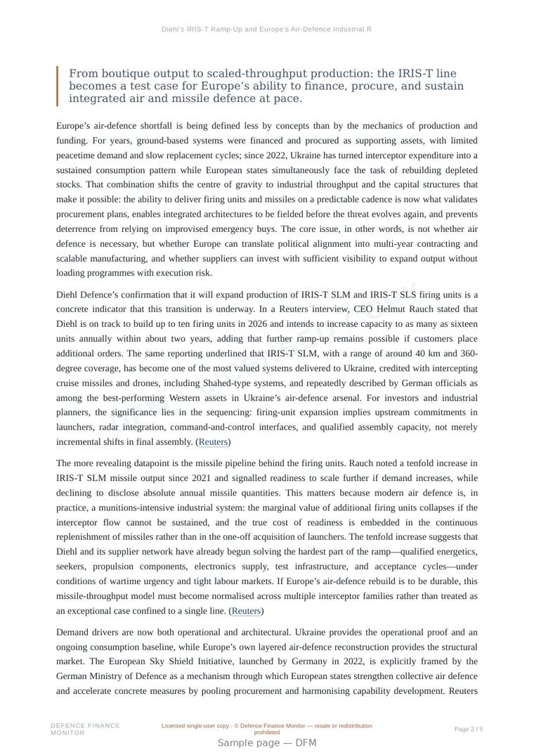 Sample page from “Diehl’s IRIS-T Ramp-Up and Europe’s Air-Defence Industrial Reset” — 6-page report