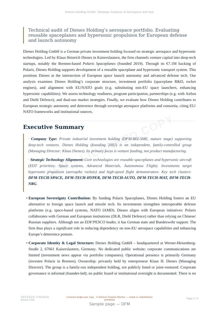 Sample page from “Dienes Holding GmbH: Strategic Analysis of Aerospace and Hypersonic Ventures” — 10-page report