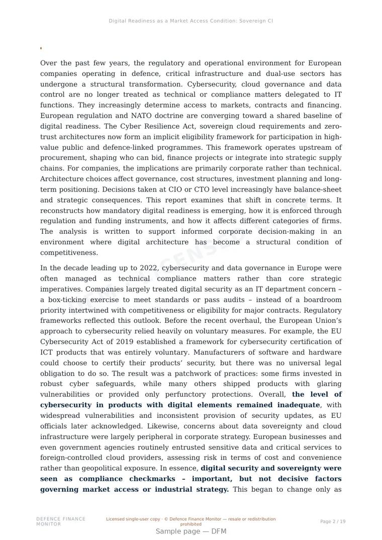 Sample page from “Digital Readiness as a Market Access Condition: Sovereign Cloud, Zero-Trust and Corporate Eligibility in Europe’s Defence Economy” — 20-page report