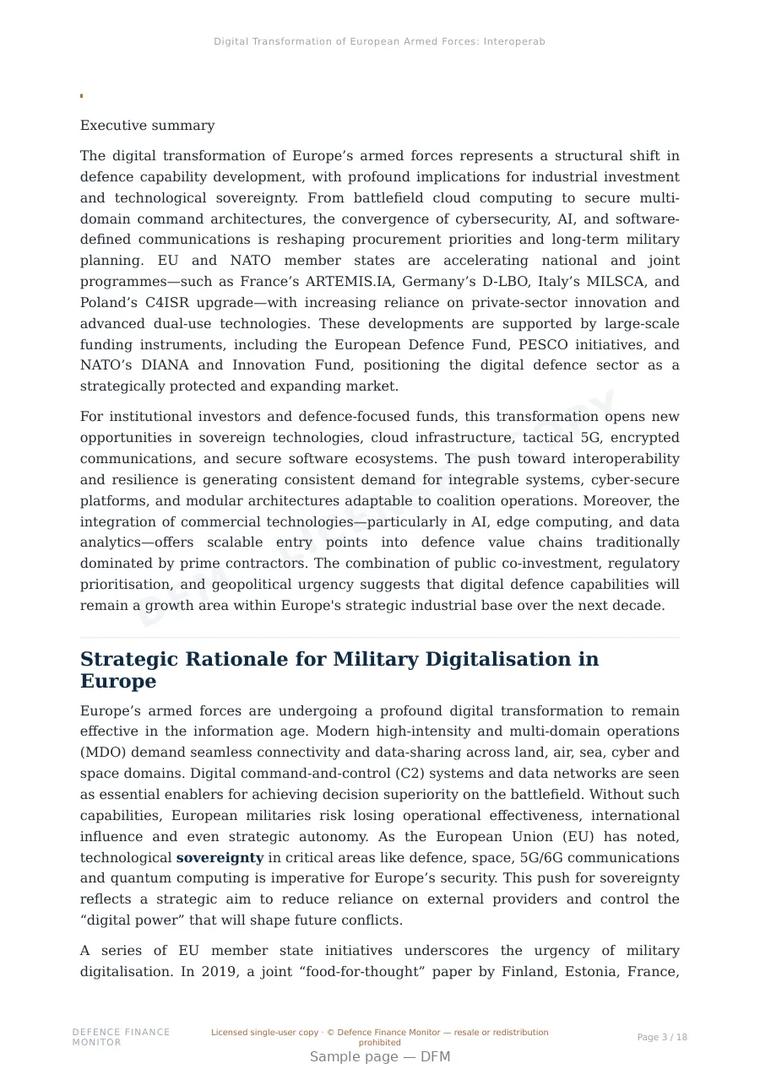 Sample page from “Digital Transformation of European Armed Forces: Interoperability, Command and Cyber Resilience” — 19-page report