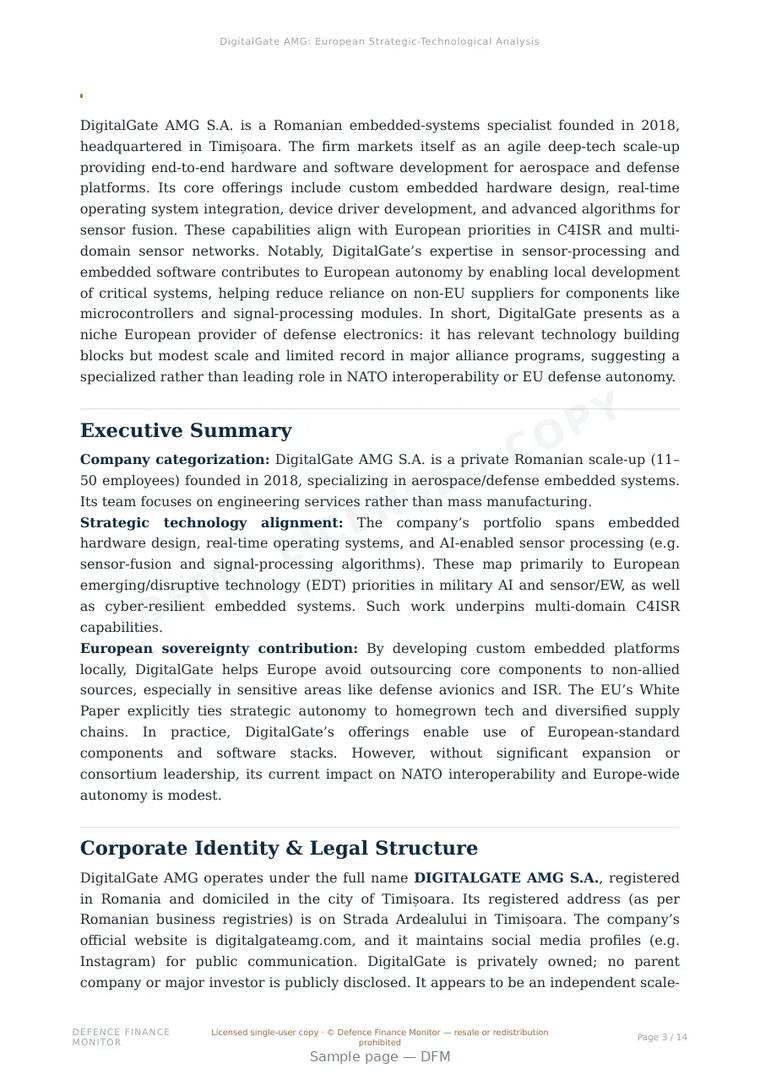 Sample page from “DigitalGate AMG S.A. — Romania command company” — 15-page report