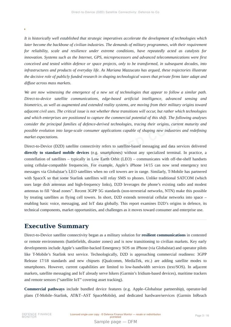 Sample page from “Direct-to-Device (D2D) Satellite Connectivity: Defence-to-Consumer Analysis” — 17-page report