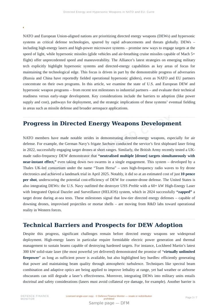 Sample page from “Directed Energy and Hypersonic Weapons in NATO and EU: Current Status and Future Prospects” — 8-page report