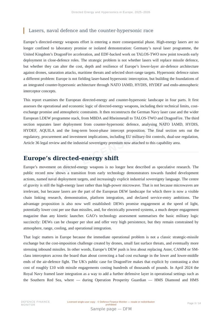 Sample page from “Directed Energy and Hypersonics in Europe, 2025–2035” — 15-page report