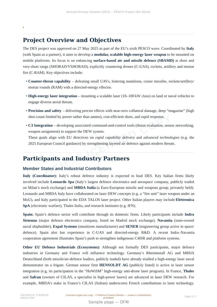 Sample page from “Directed Energy Systems (DES) – PESCO Project (6th Wave)” — 8-page report