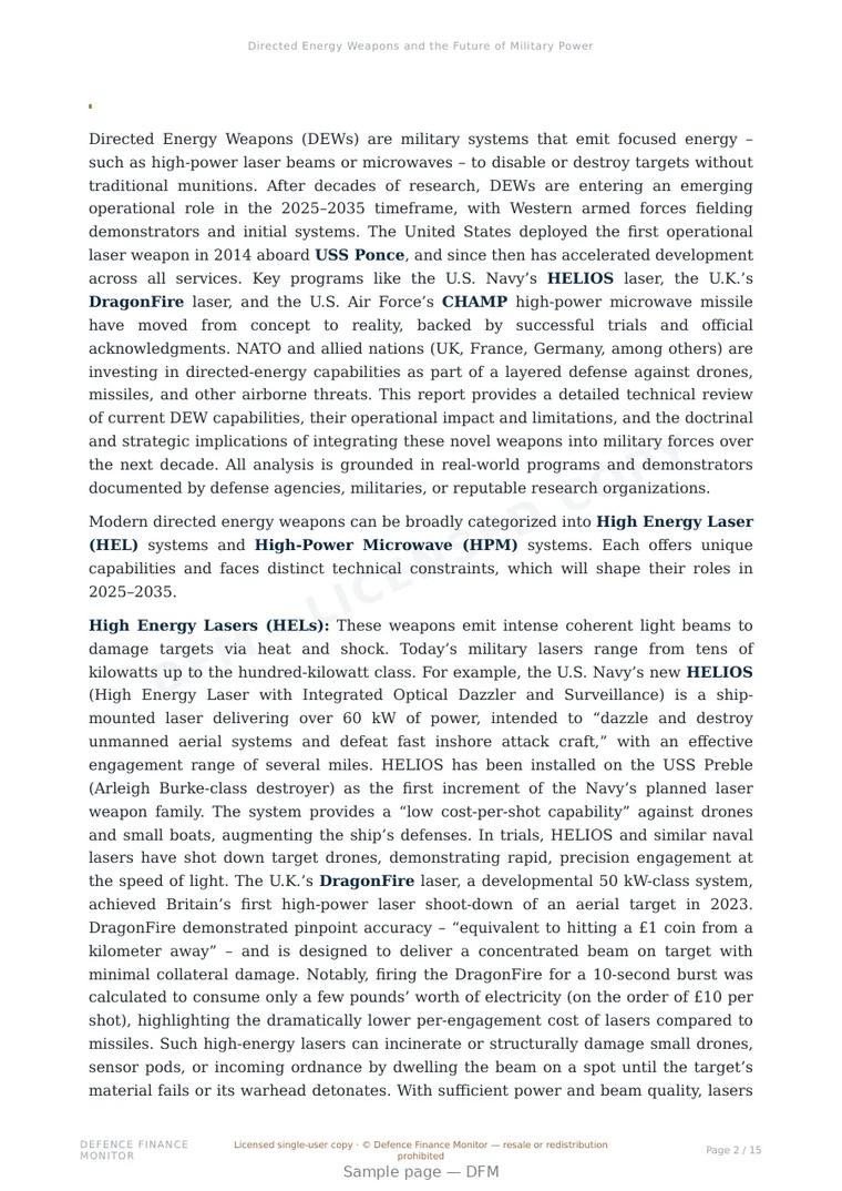 Sample page from “Directed Energy Weapons and the Future of Military Power” — 16-page report