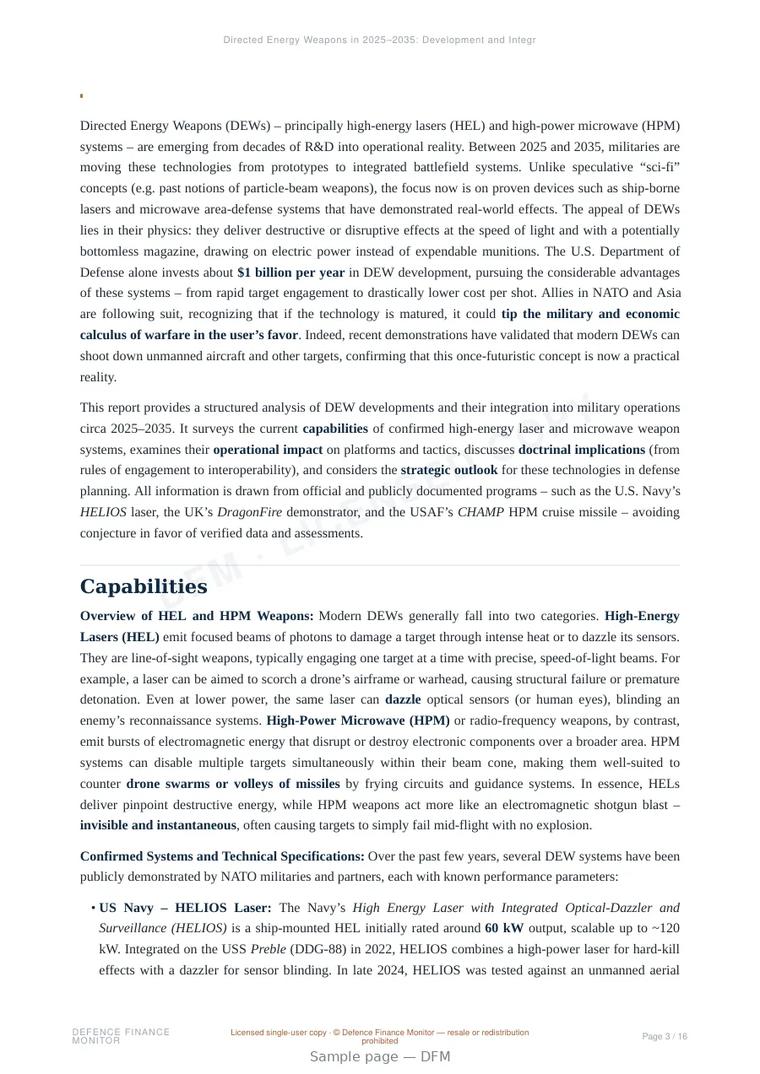 Sample page from “Directed Energy Weapons in 2025–2035: Development and Integration in the Military Domain” — 17-page report