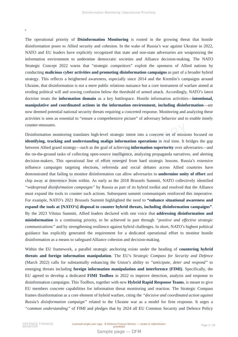 Sample page from “Disinformation Monitoring (Operational Priorities)” — 30-page report