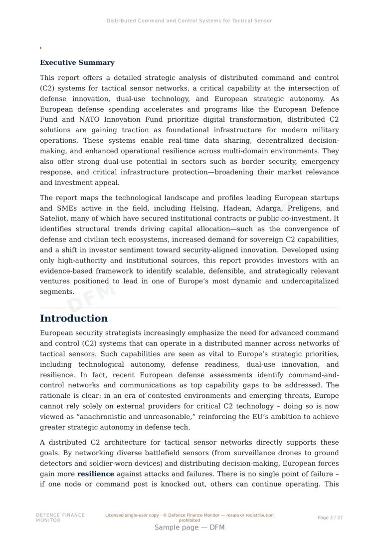 Sample page from “Distributed Command and Control Systems for Tactical Sensor Networks in Europe” — 28-page report