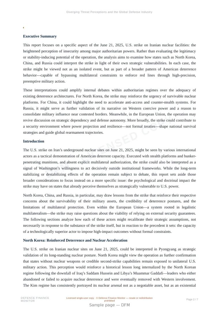Sample page from “Diverging Threat Perceptions and the Global Defense Industry: Strategic Signaling and Asymmetric Rearmament After the U.S. Strike on Iran” — 8-page report
