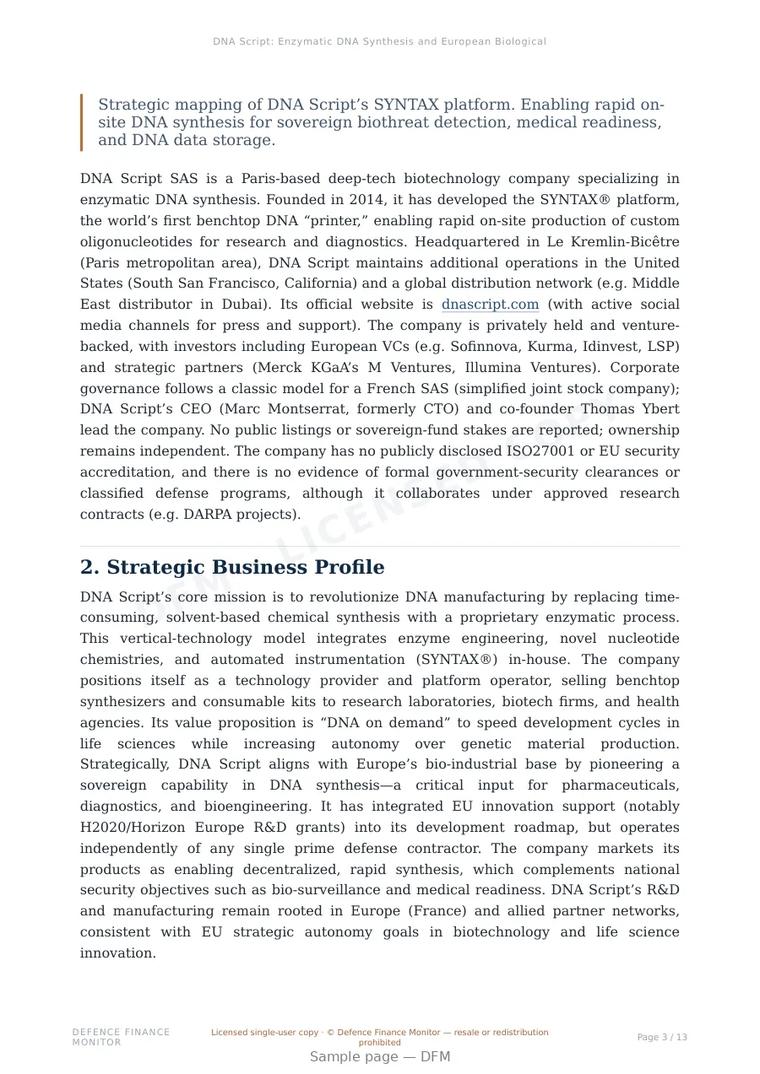 Sample page from “DNA Script: Enzymatic DNA Synthesis and European Biological Sovereignty” — 14-page report