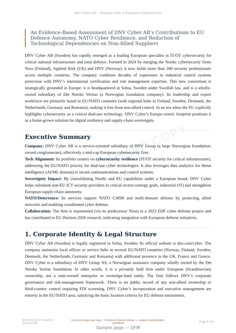 Sample page from “DNV Cyber AB – Strategic Role in European Cybersecurity” — 11-page report