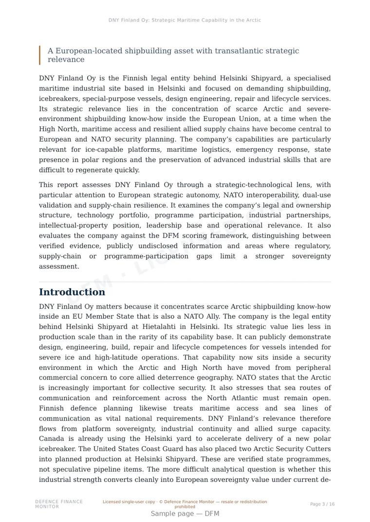Sample page from “DNY Finland Oy: Strategic Maritime Capability in the Arctic Industrial Base” — 17-page report