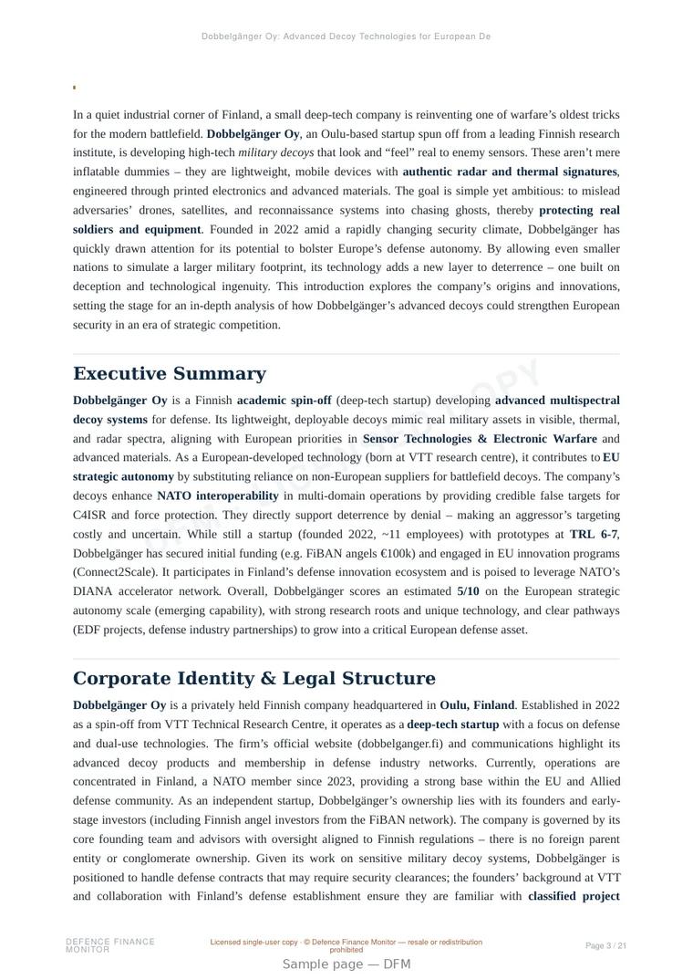 Sample page from “Dobbelgänger Oy: Advanced Decoy Technologies for European Defense Autonomy” — 22-page report
