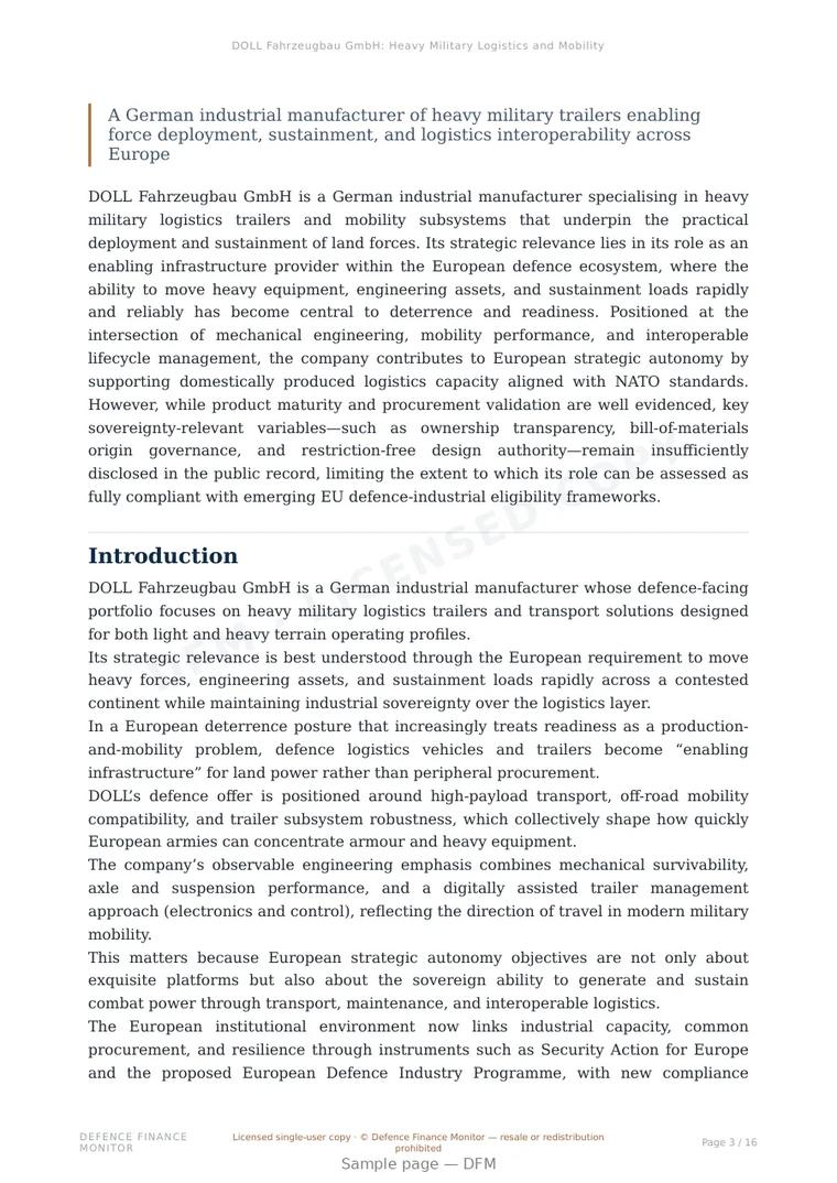 Sample page from “DOLL Fahrzeugbau GmbH: Heavy Military Logistics and Mobility Infrastructure for European Land Forces” — 17-page report