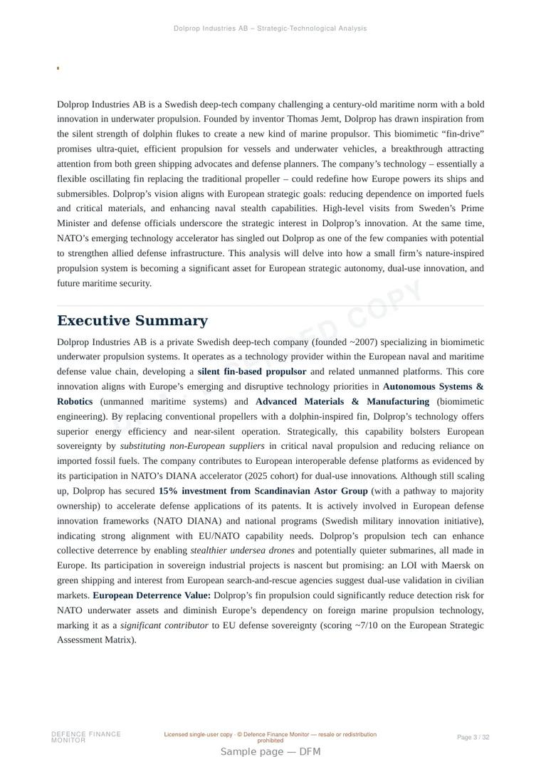 Sample page from “Dolprop Industries AB — Sweden advanced propulsion company” — 33-page report
