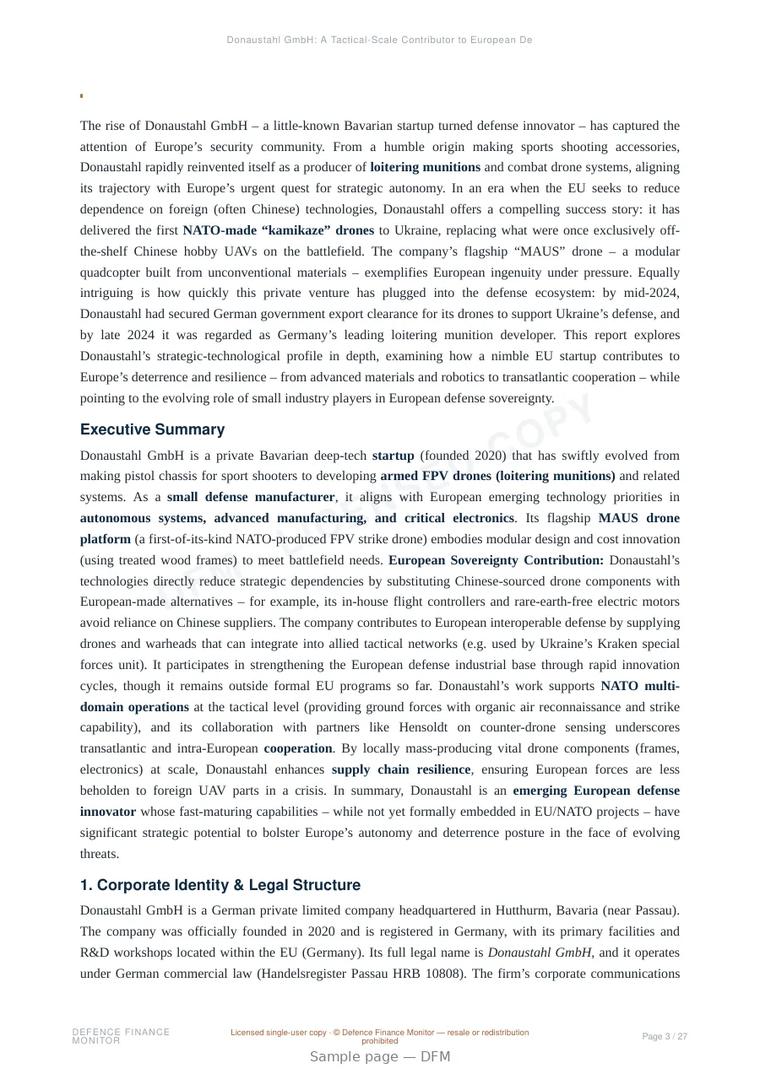 Sample page from “Donaustahl GmbH: A Tactical-Scale Contributor to European Defence Sovereignty and Strategic Autonomy” — 28-page report