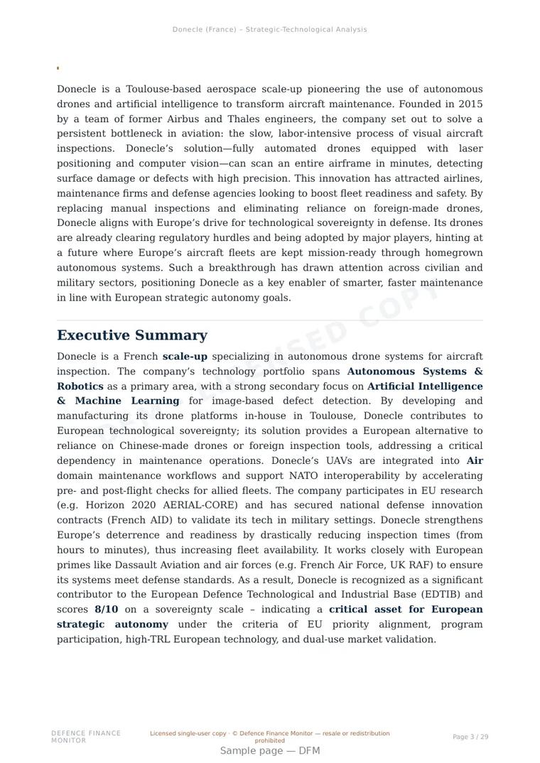 Sample page from “Donecle — France unmanned aerial systems company” — 30-page report