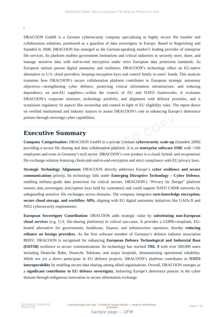 Sample page from “DRACOON GmbH: Secure European File Sharing Platform for Strategic Cyber Sovereignty” — 33-page report