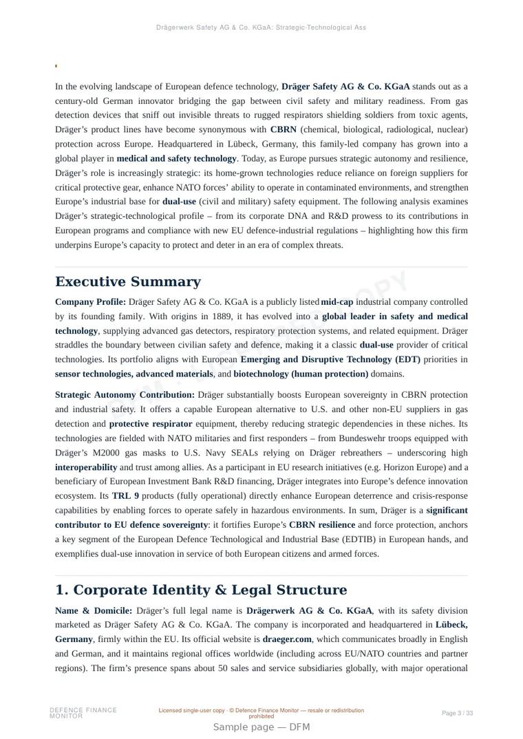 Sample page from “Drägerwerk Safety AG & Co. KGaA: Strategic-Technological Assessment for European Defence Autonomy and Dual-Use Readiness” — 34-page report