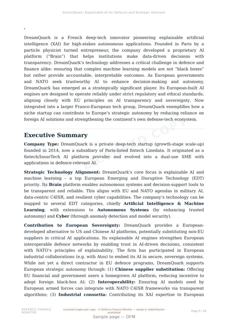 Sample page from “DreamQuark: Explainable AI for Defence and Strategic Autonomy in Europe” — 27-page report