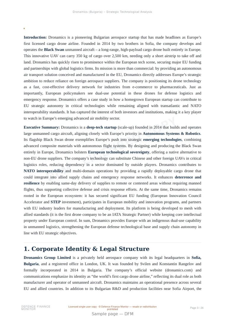 Sample page from “Dronamics (Bulgaria) – Strategic Technological Analysis” — 27-page report