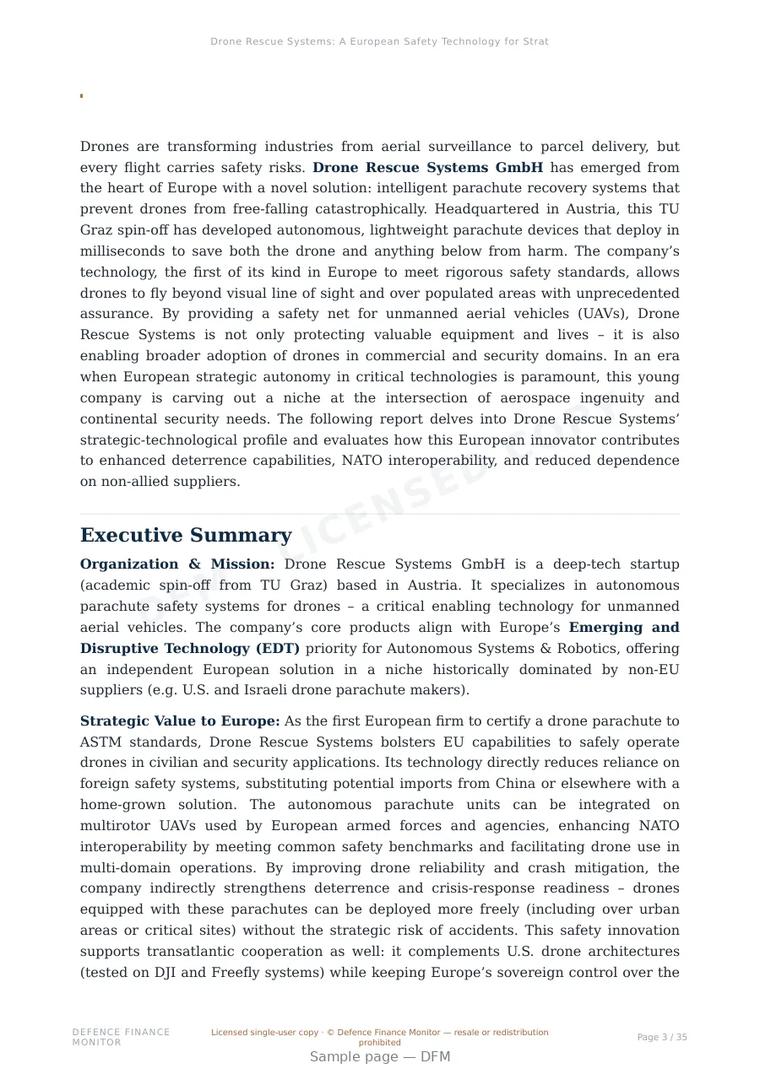 Sample page from “Drone Rescue Systems: A European Safety Technology for Strategic Autonomy in UAV Operations” — 36-page report