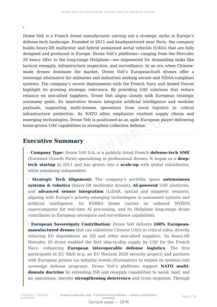 Sample page from “Drone Volt: European-Made Tactical UAVs for Defence Logistics, ISR and Strategic Autonomy” — 26-page report