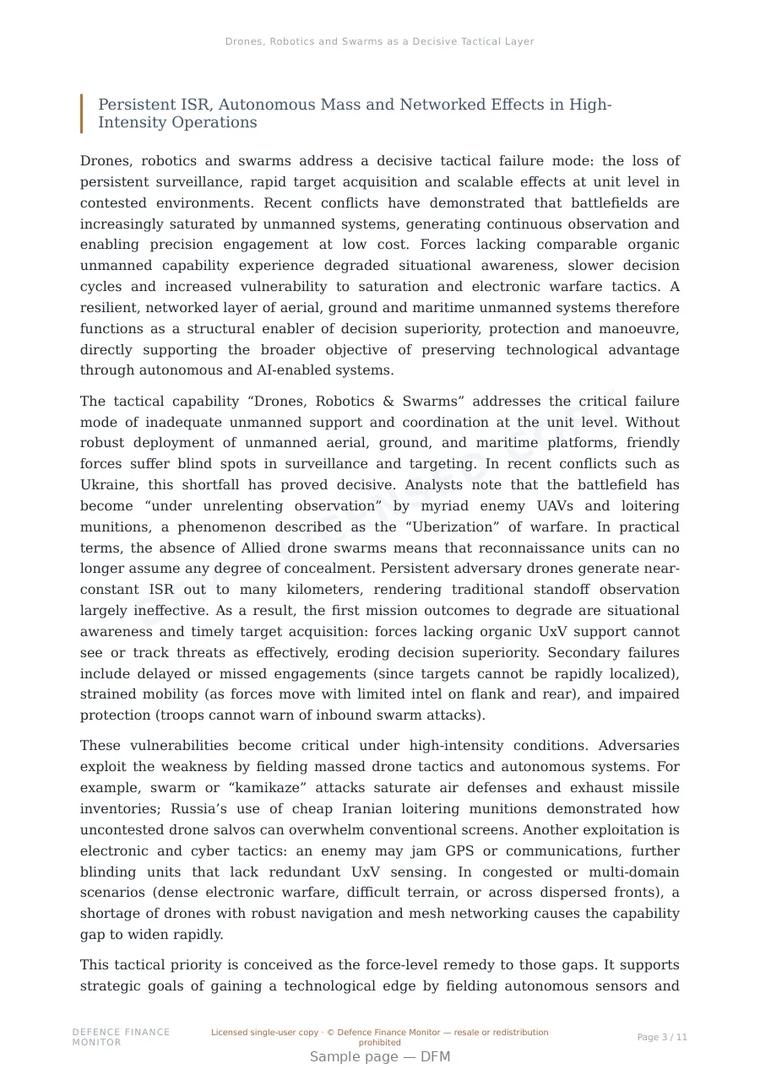 Sample page from “Drones, Robotics and Swarms as a Decisive Tactical Layer” — 12-page report