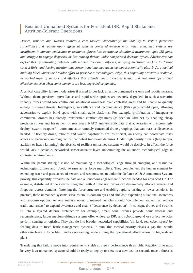 Sample page from “Drones, Robotics and Swarms as a Tactical Sensor-Actuator Layer” — 7-page report