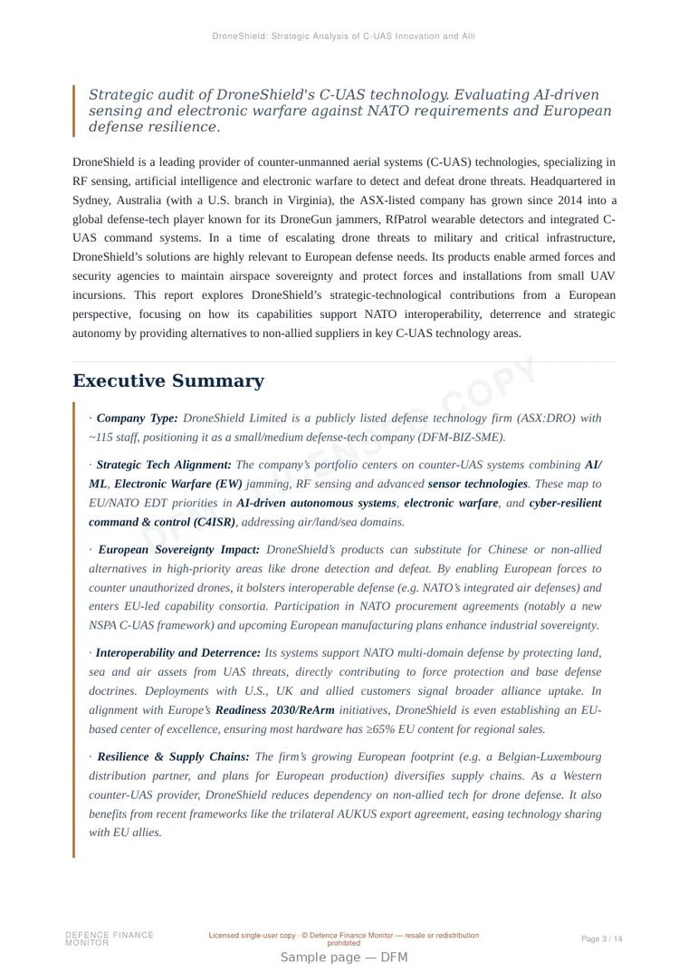 Sample page from “DroneShield: Strategic Analysis of C-UAS Innovation and Allied Autonomy” — 15-page report