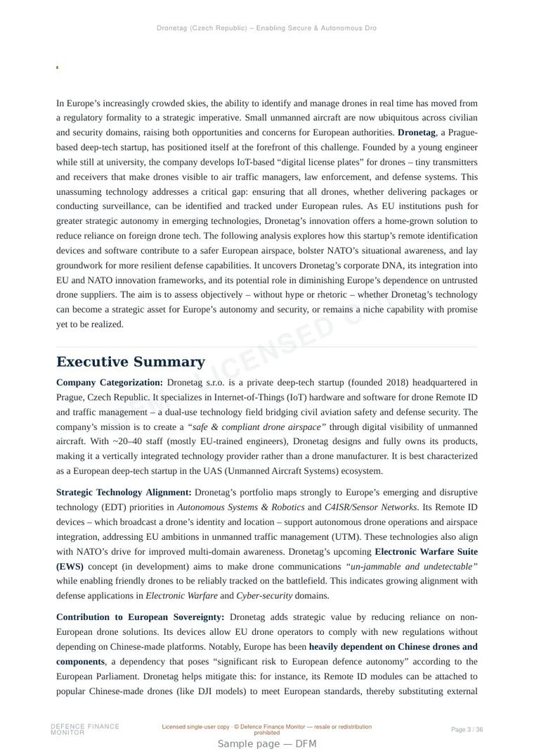 Sample page from “Dronetag (Czech Republic) – Enabling Secure & Autonomous Drone Airspace” — 37-page report