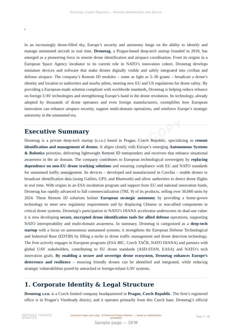 Sample page from “Dronetag (Czech Republic) – Remote Identification and Secure Drone Management” — 39-page report
