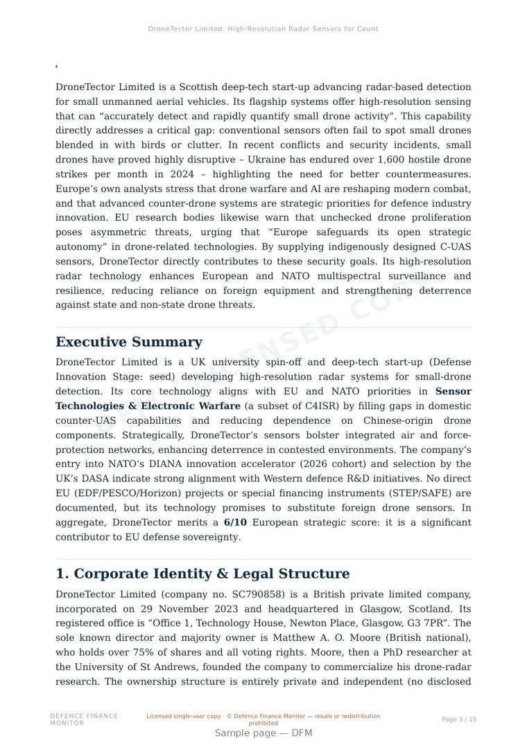 Sample page from “DroneTector Limited: High-Resolution Radar Sensors for Counter-Drone Defence” — 16-page report