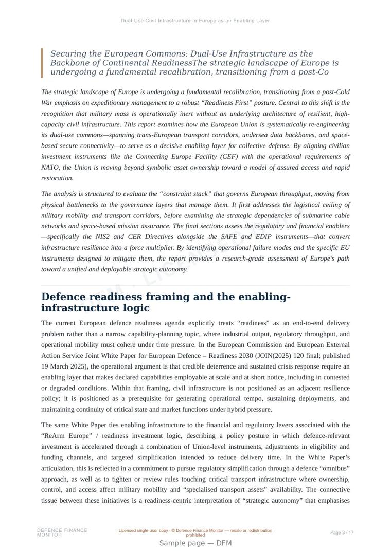 Sample page from “Dual-Use Civil Infrastructure in Europe as an Enabling Layer for Defence Readiness and Strategic Autonomy” — 18-page report