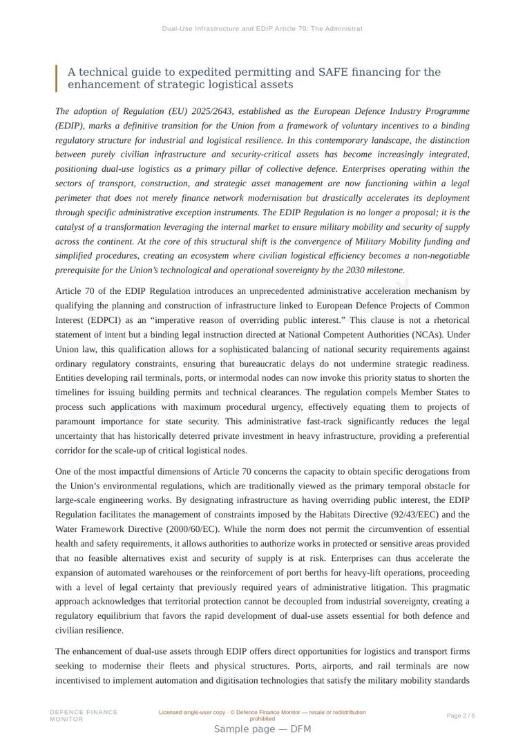 Sample page from “Dual-Use Infrastructure and EDIP Article 70: The Administrative Fast-Track for Logistics” — 7-page report