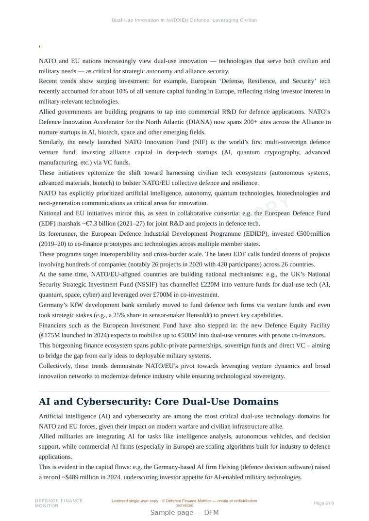 Sample page from “Dual-Use Innovation in NATO/EU Defence: Leveraging Civilian Technology for Security” — 9-page report
